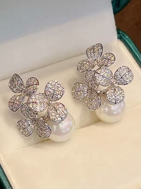 Anthropologie Jewelry - Silver Floral Crystal and Pearl Drop Earrings - White